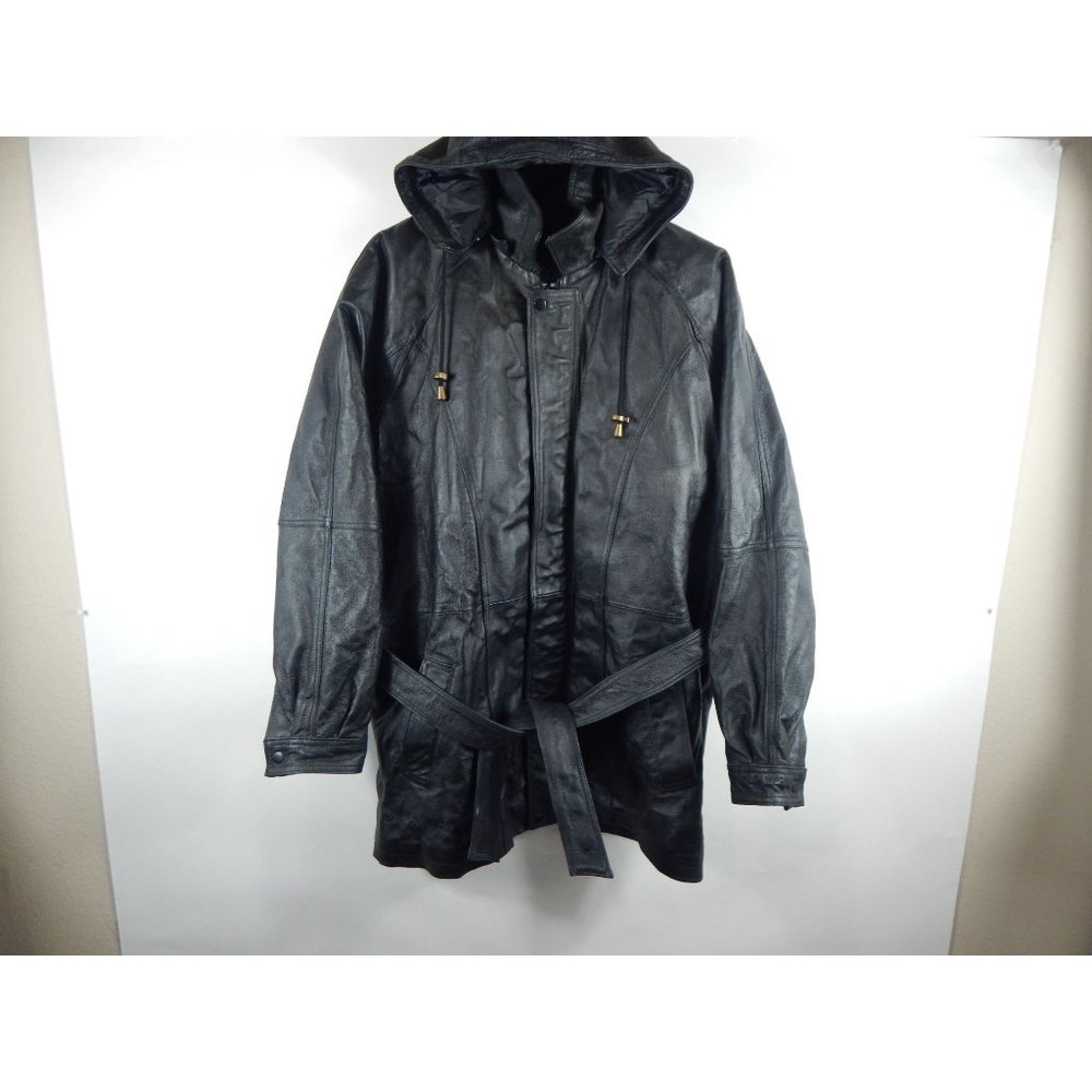 Vintage Vilanto Leather Belted Parka Jacket - Removable Hood Black L Men's D83